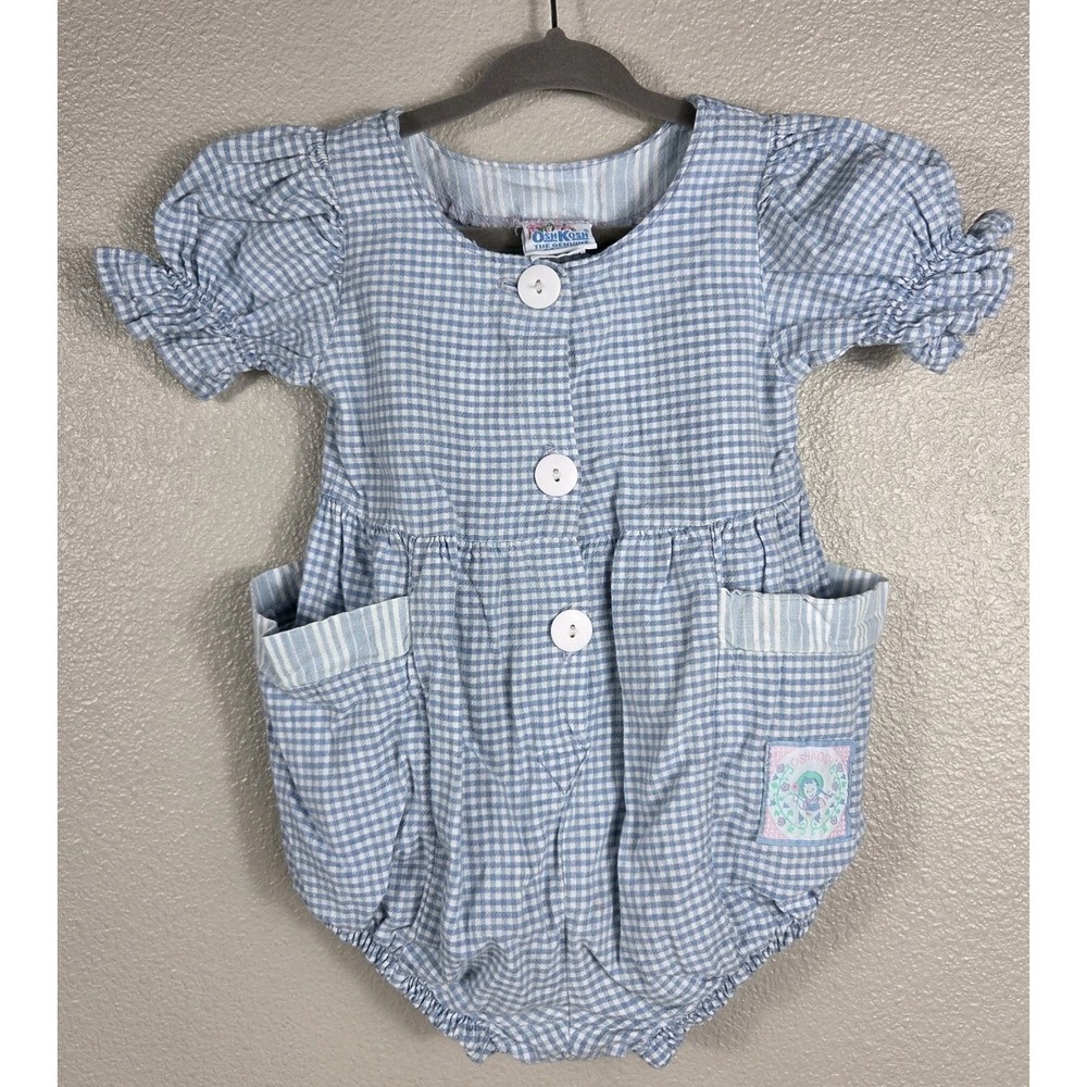 Vintage‎ OshKosh B'Gosh Baby Bubble Romper Blue Gingham USA 12M Puff Sleeve